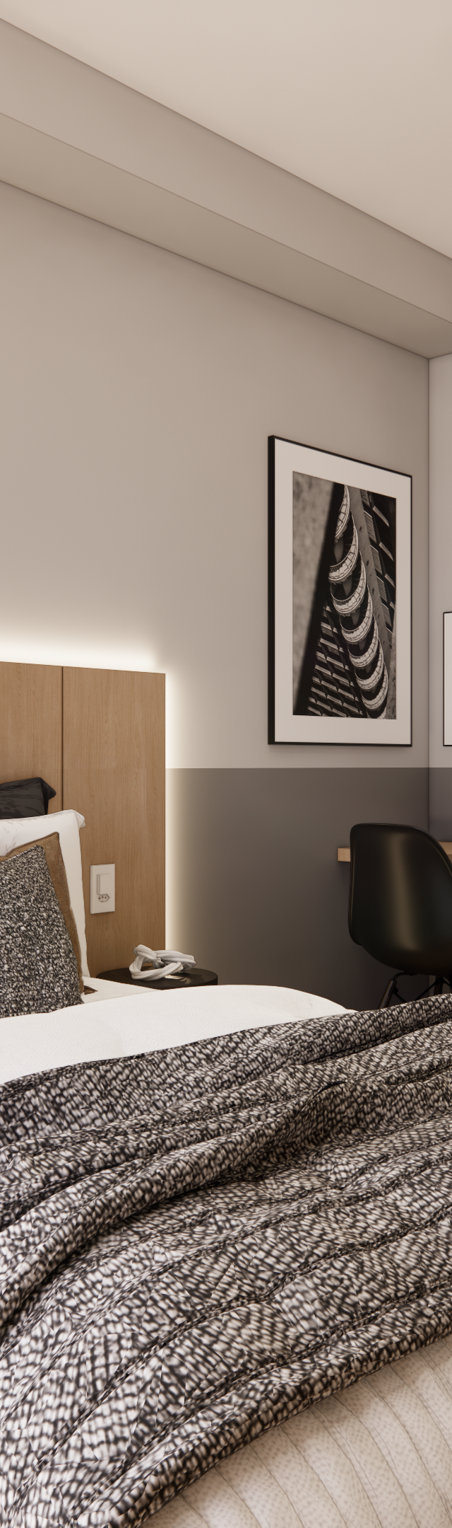 Render 3D de quarto em Perdizes com marcenaria em madeira clara, parede cinza, iluminação indireta e mesa de estudo