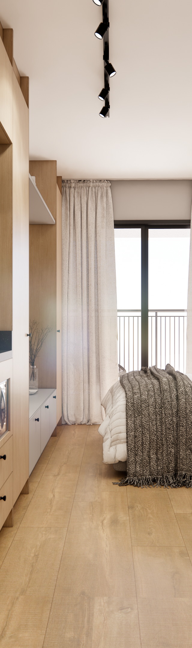 Render 3D de estúdio com marcenaria em tons amadeirados, geladeira inox, piso claro e vista para dormitório com cortinas