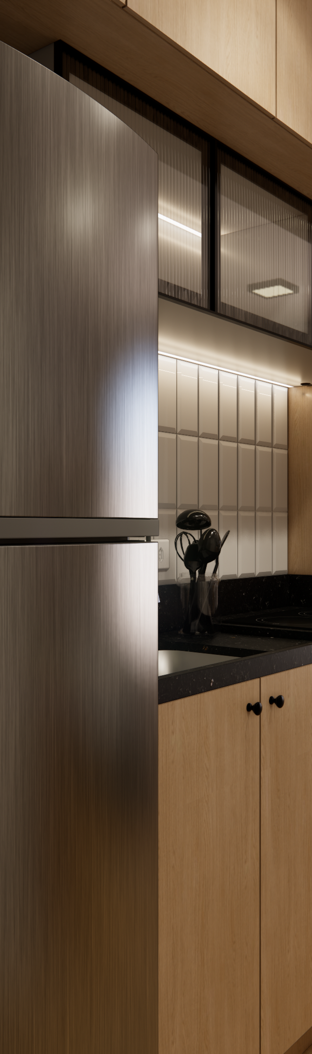 Render 3D de estúdio com marcenaria em madeira, geladeira inox, bancada preta, iluminação em LED e acesso à varanda