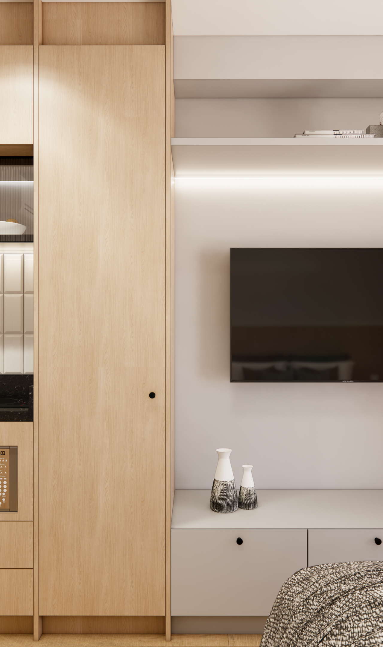 Render 3D de estúdio com marcenaria em madeira clara, cozinha compacta com bancada preta e rack para TV com iluminação LED