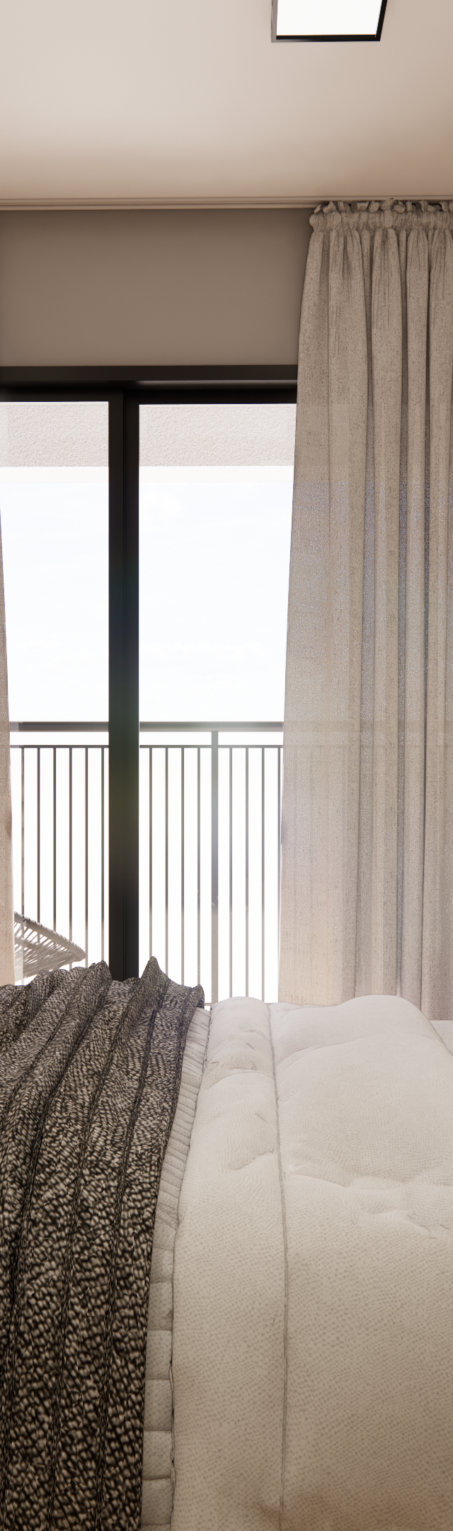 Render 3D de quarto com marcenaria em madeira e cinza, iluminação em fita de LED, cama com colcha neutra e cortina longa