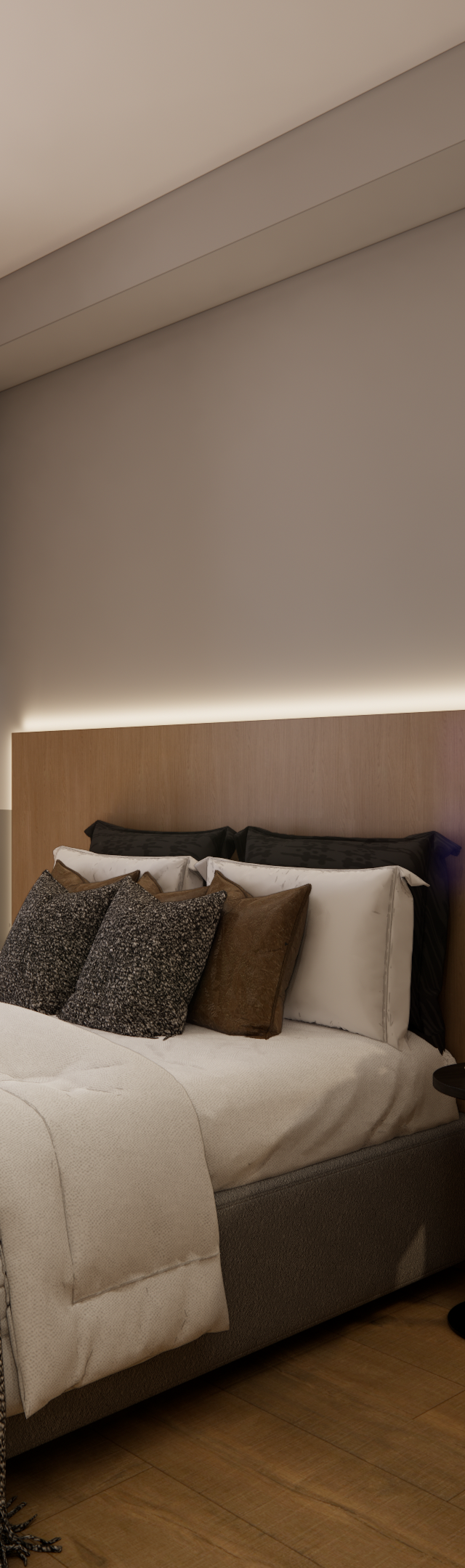 Render 3D de quarto em Perdizes com cama, cabeceira de madeira iluminada, mesa, cadeiras pretas e cortinas claras