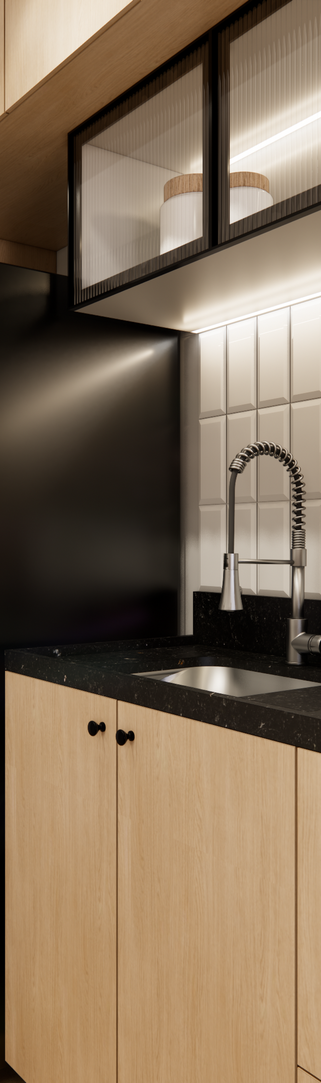 Render 3D de cozinha compacta, marcenaria em tons de madeira, bancada preta, azulejos brancos e iluminação indireta quente