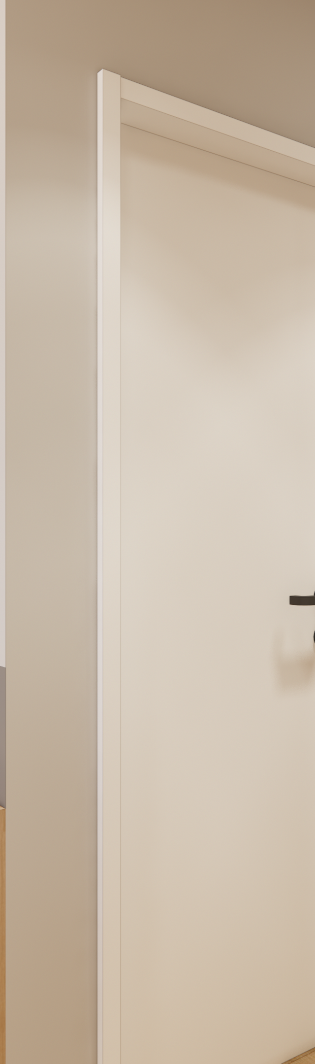 Render 3D de apartamento em Perdizes com mesa de madeira, cadeiras pretas, espelho oval e parede em tons de cinza