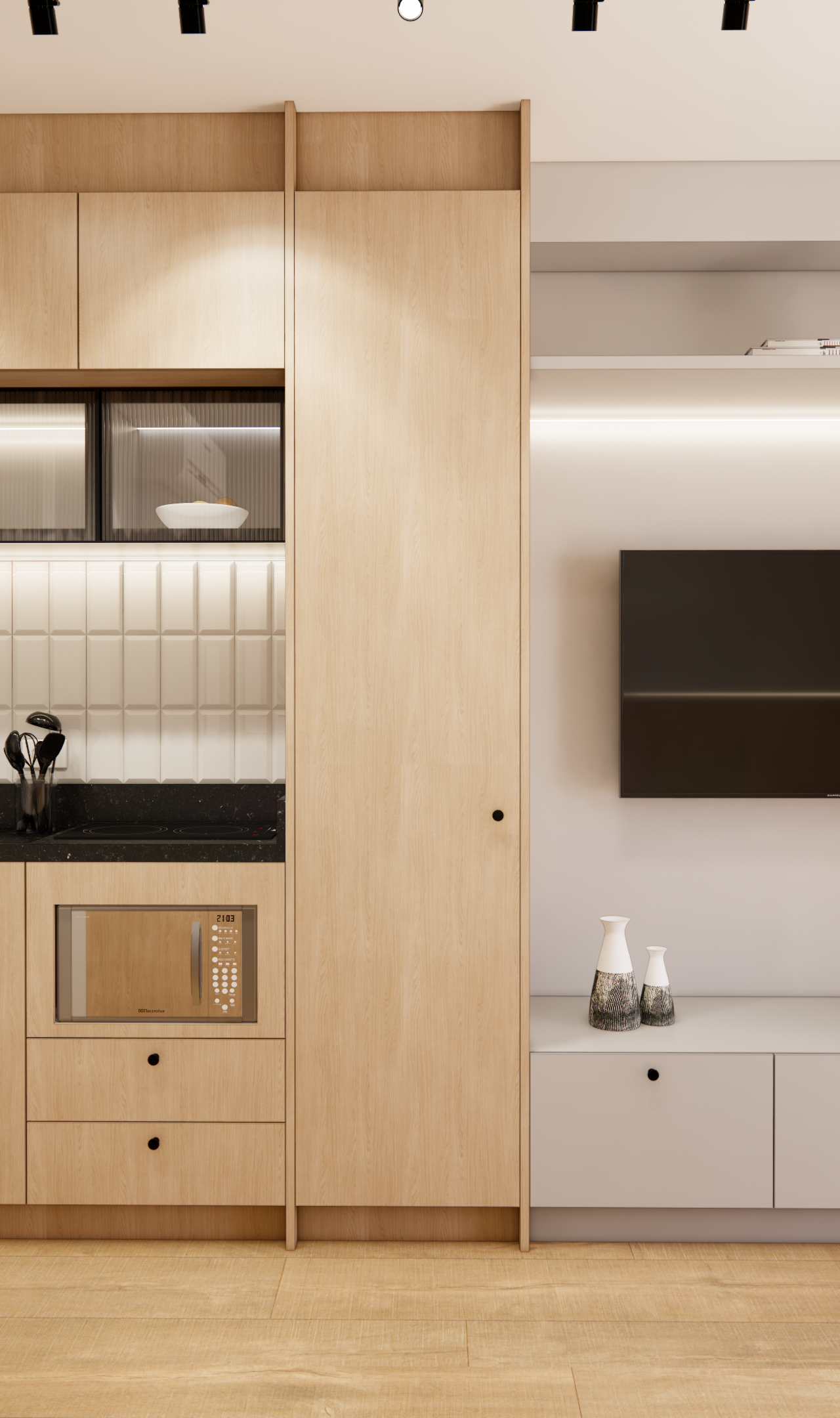 Render 3D de sala e cozinha integradas, marcenaria em madeira clara, bancada preta, parede branca e iluminação em LED