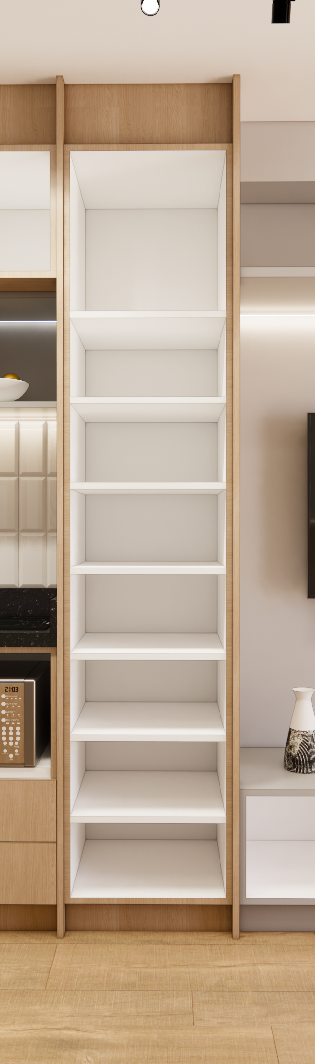 Render 3D de marcenaria planejada em tons de madeira e branco, integrando cozinha compacta, painel de TV e armário aberto