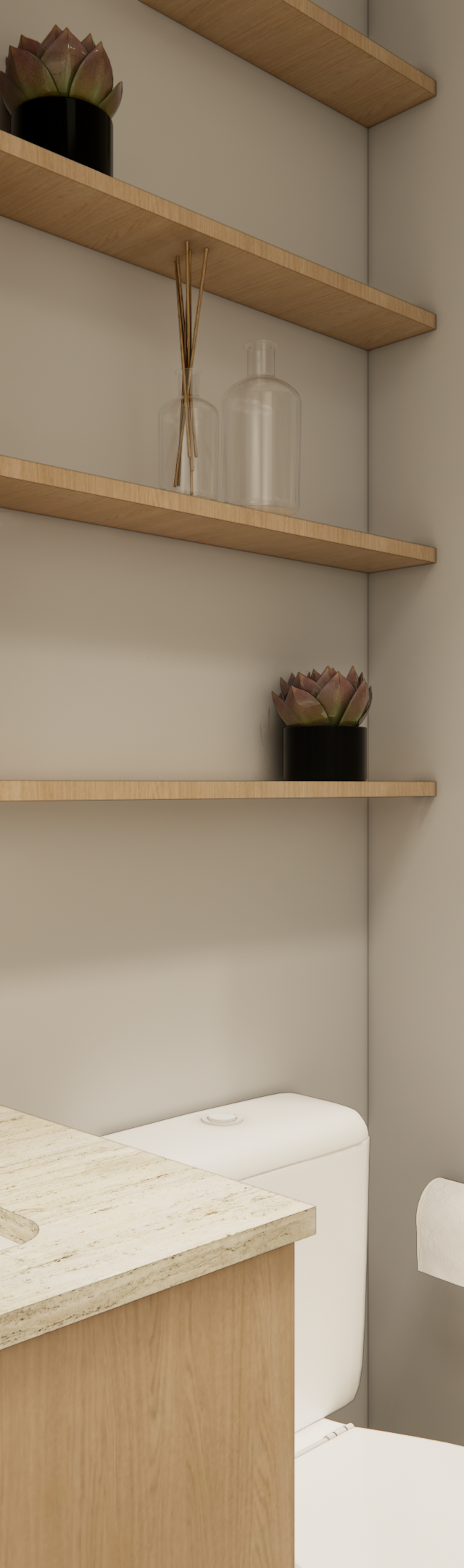 Render 3D de banheiro no FP Perdizes com bancada em pedra, marcenaria em madeira clara, prateleiras e box de vidro
