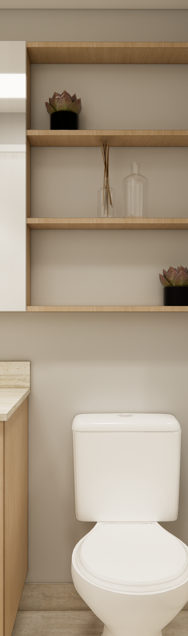 Render 3D de banheiro moderno em tons neutros, marcenaria em madeira clara, bancada em pedra e box com revestimento bege