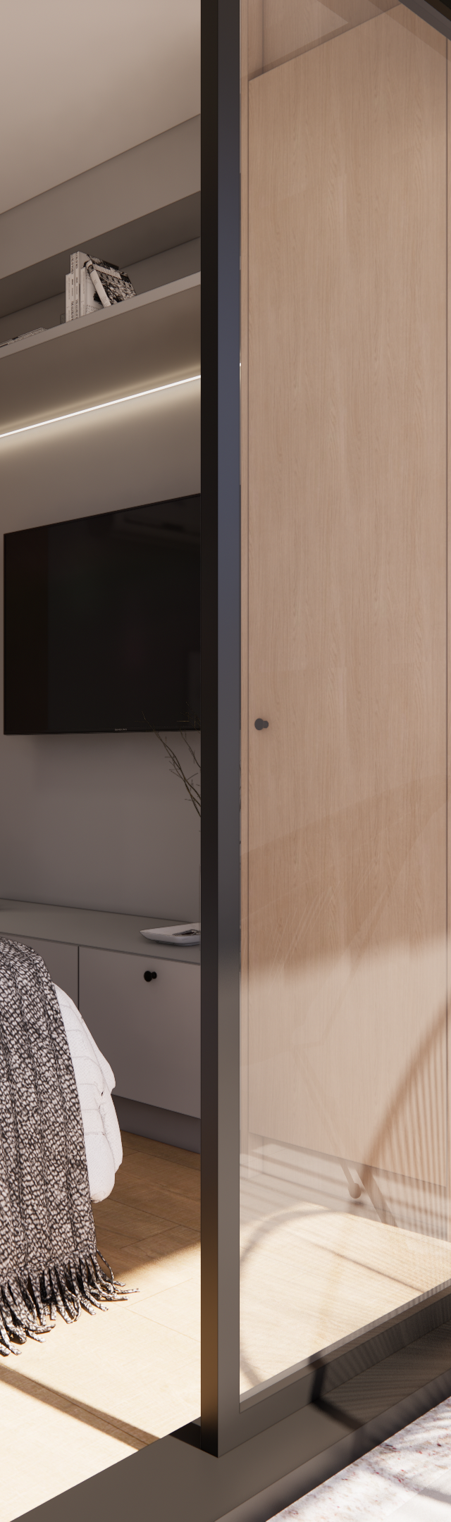 Render 3D de estúdio em Perdizes com marcenaria em tons amadeirados, cama, cozinha compacta e poltrona preta na varanda