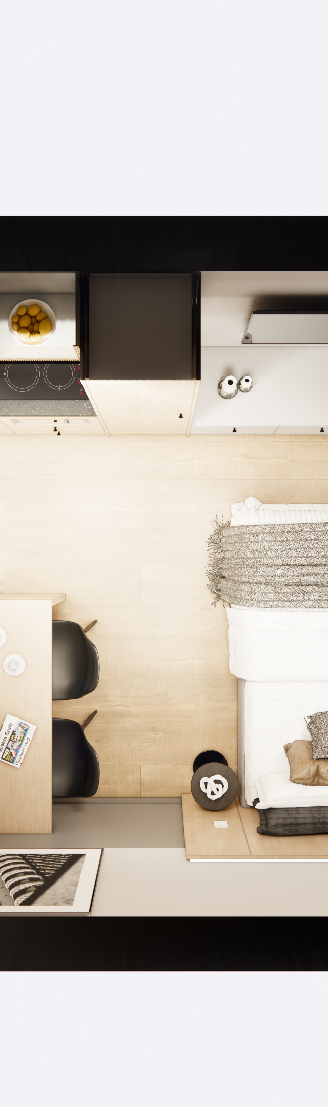 Planta baixa 3D de studio com cozinha linear, cama de casal, mesa de jantar e banheiro, tons neutros, madeira e preto