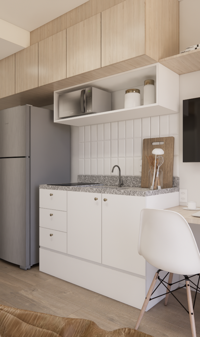 Render 3D de sala e cozinha integrada, tons claros, marcenaria em madeira, eletrodomésticos em inox e piso amadeirado