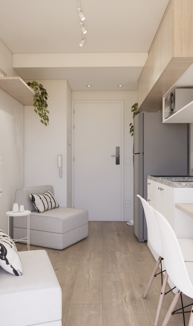 Render 3D de sala e cozinha integradas, tons claros, móveis de madeira, sofás cinzas, iluminação pontual e plantas