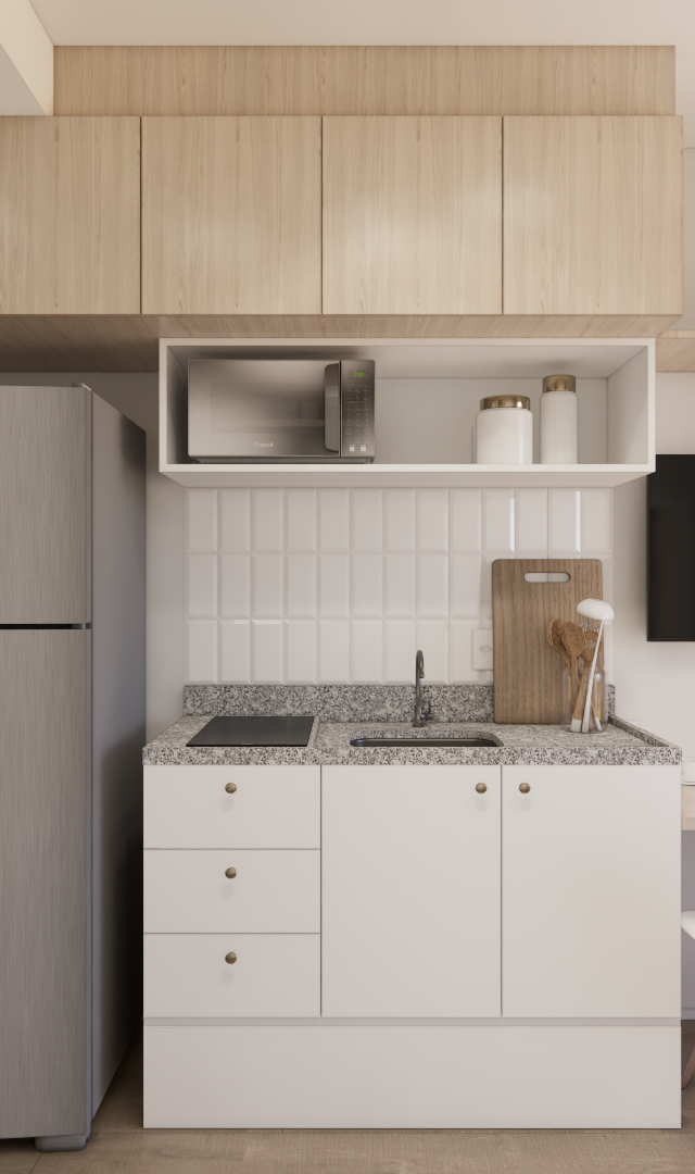 Render 3D de cozinha compacta com marcenaria em madeira clara, bancada em granito, eletrodomésticos inox e mesa de jantar