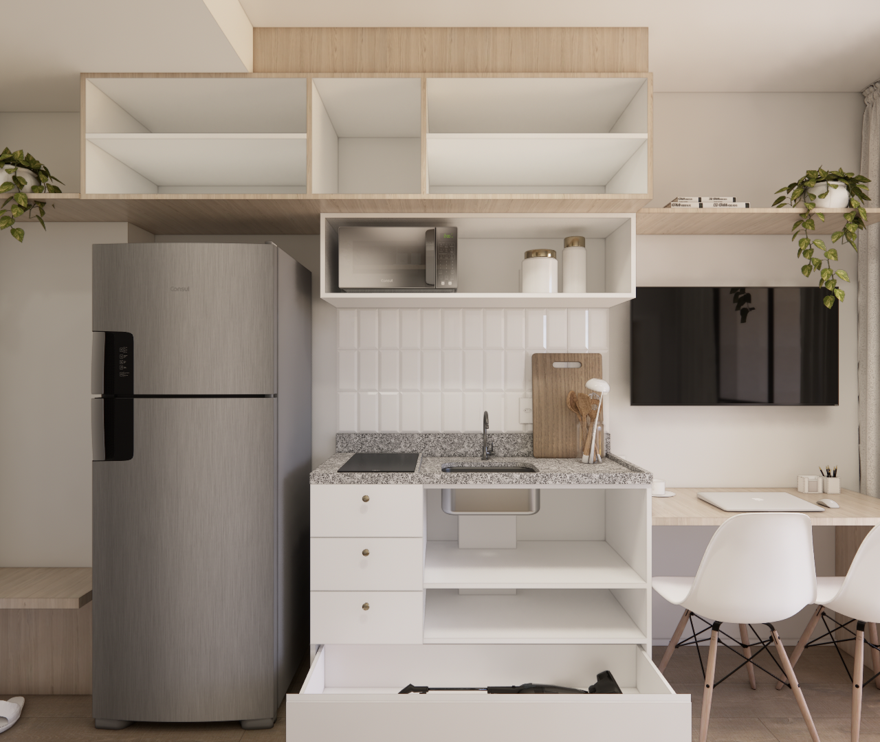 Render 3D de cozinha compacta com marcenaria em tons neutros, bancada de granito, geladeira inox e mesa com cadeiras brancas