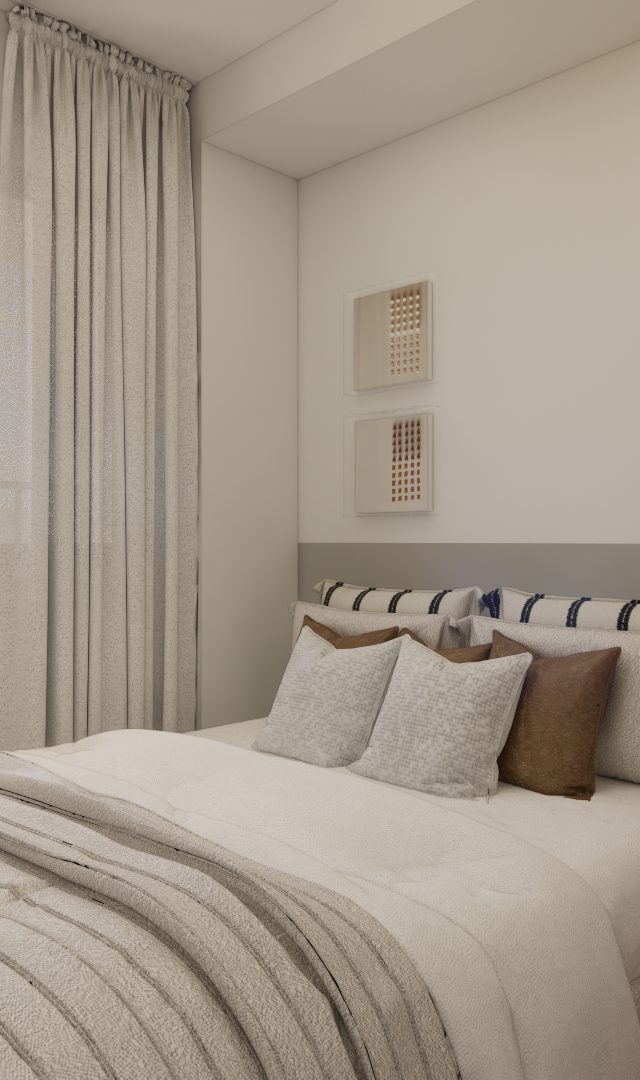 Render 3D de quarto pequeno em tons neutros com cama, roupa de cama texturizada, mesa de apoio branca e cortina leve