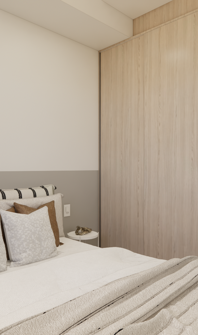 Render 3D de quarto compacto em tons neutros com cama, armário em marcenaria clara, parede bicolor e iluminação suave