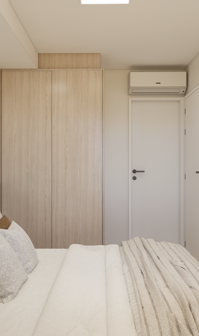 Render 3D de quarto pequeno com armário em madeira clara, tons neutros, iluminação suave e quadros na parede lateral