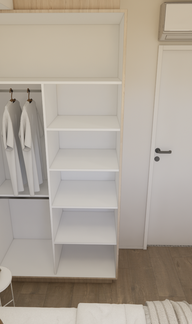 Render 3D de quarto pequeno com armário aberto em marcenaria clara, portas brancas, piso amadeirado e iluminação suave