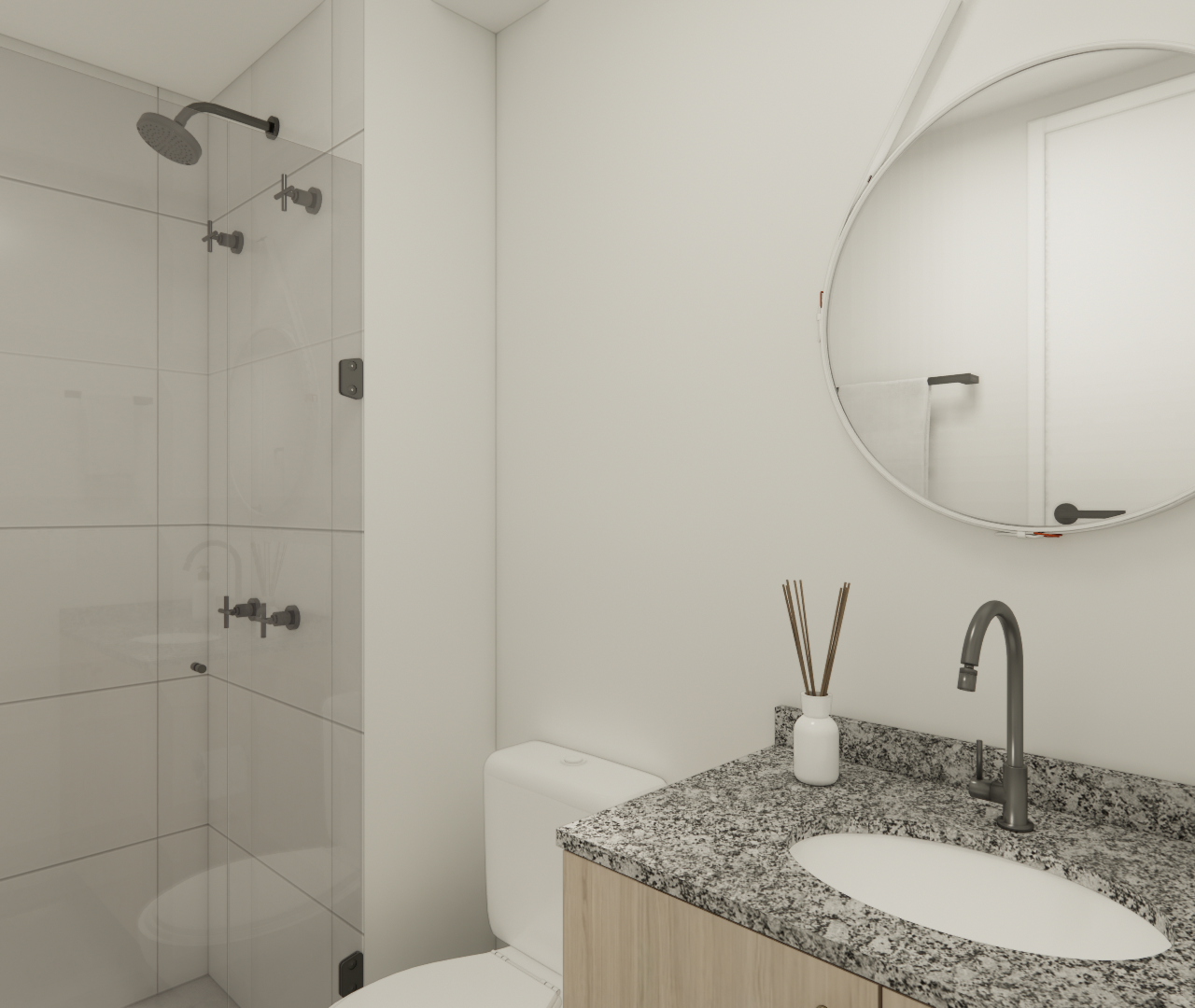 Render 3D de banheiro compacto com box de vidro, metais pretos, bancada em granito cinza e espelho redondo suspenso