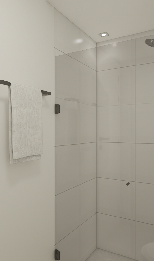 Render 3D de banheiro compacto com box de vidro, paredes brancas, metais pretos, iluminação embutida e tom minimalista