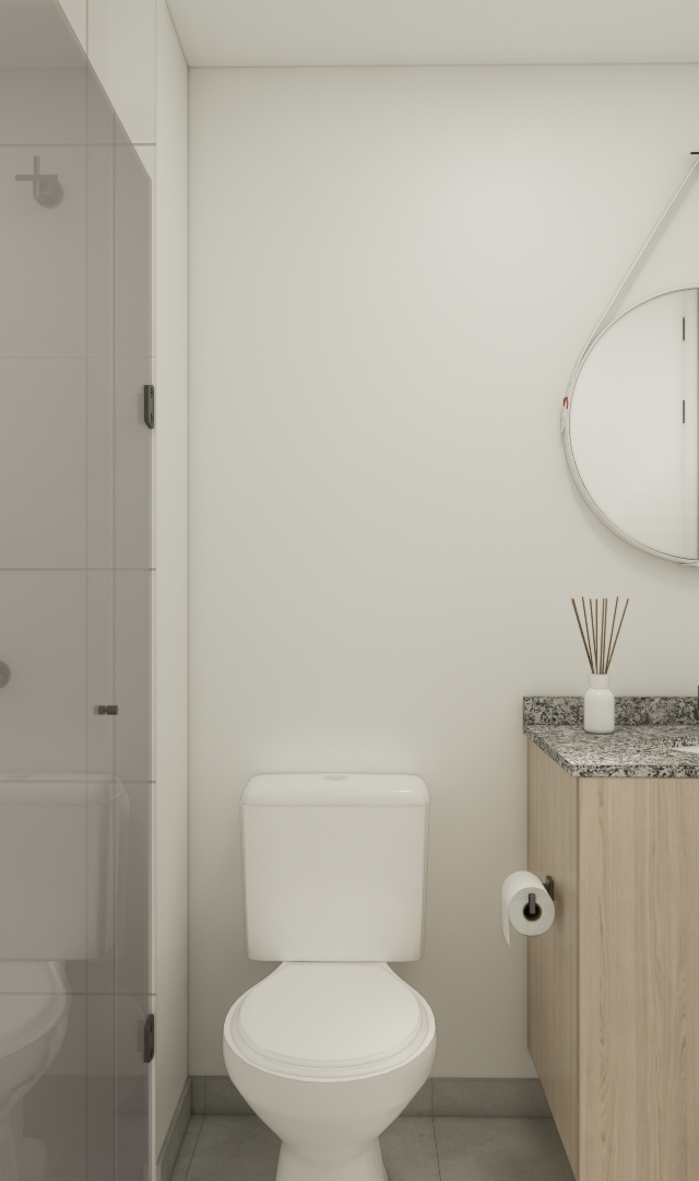 Render 3D de banheiro pequeno com marcenaria em tom amadeirado, bancada em granito, metais pretos e espelho circular