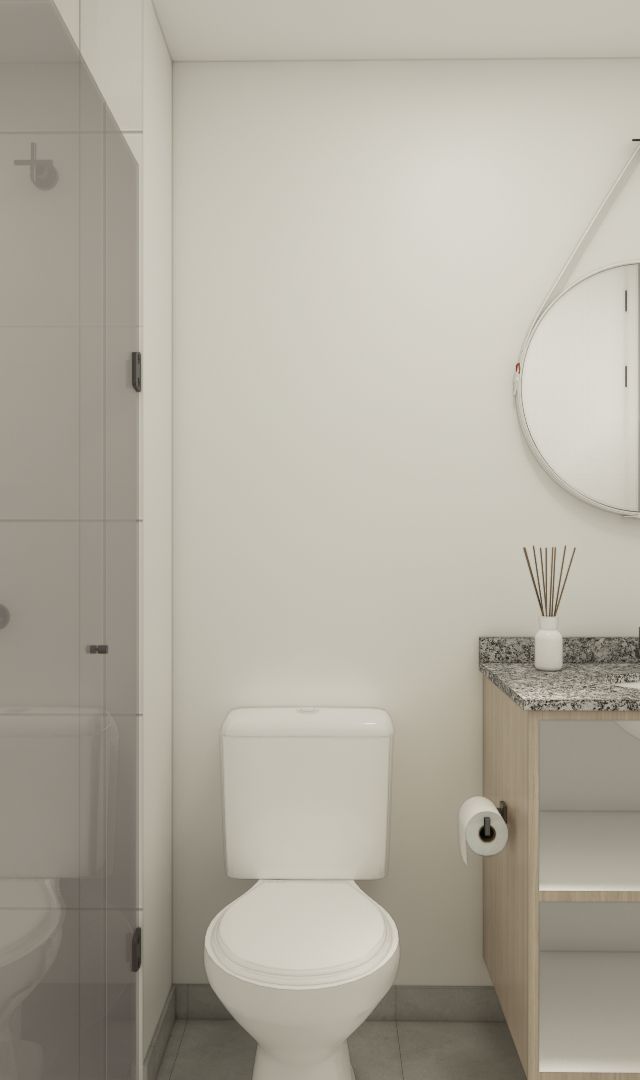 Render 3D de banheiro compacto com paredes brancas, box de vidro, bancada em granito, marcenaria clara e metais pretos