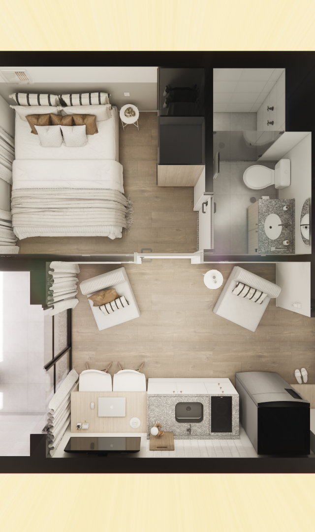 Planta baixa 3D de apartamento de 31m² com sala, quarto, cozinha integrada, banheiro, varanda e acabamento em madeira