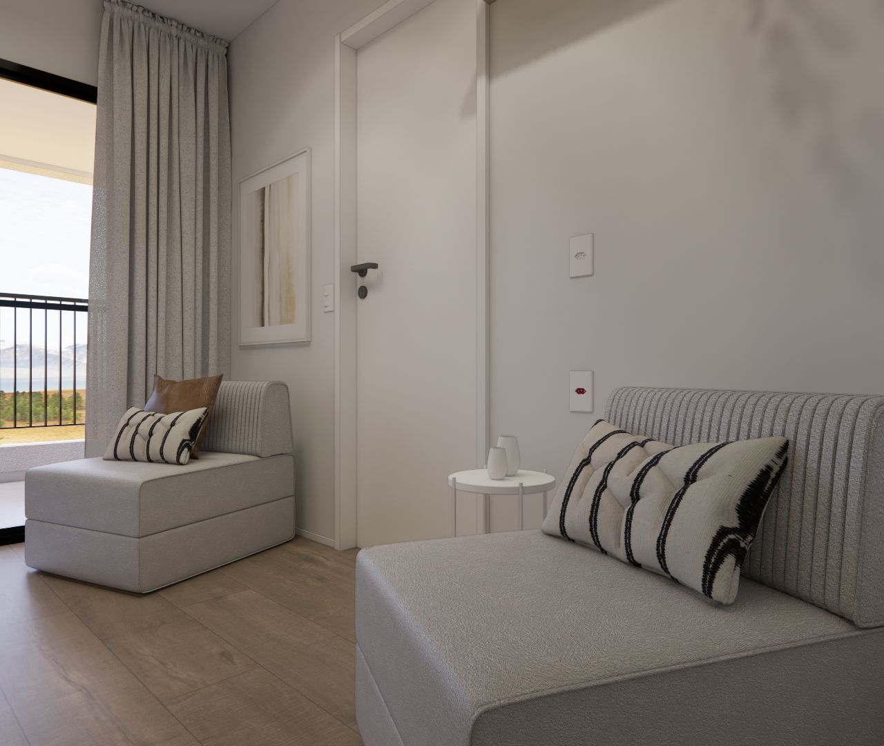 Render 3D de sala com poltronas estofadas, piso amadeirado, cortina clara e acesso à varanda em tons neutros e luminosos