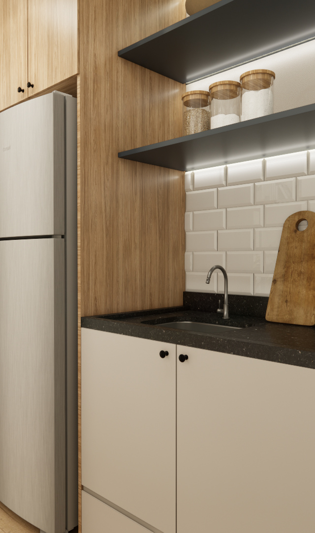 Render 3D de cozinha compacta com marcenaria em madeira e bege, bancada preta, azulejos brancos e iluminação embutida