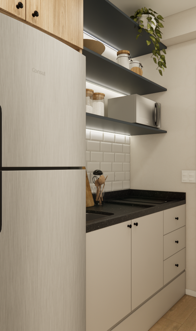 Render de cozinha compacta no Paraíso com geladeira inox, armários em marcenaria amadeirada, bancada preta e prateleiras