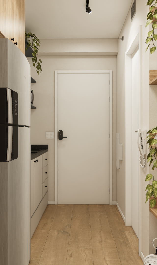 Render 3D de corredor em apartamento de 21m² com marcenaria em madeira clara, geladeira inox, prateleiras e plantas