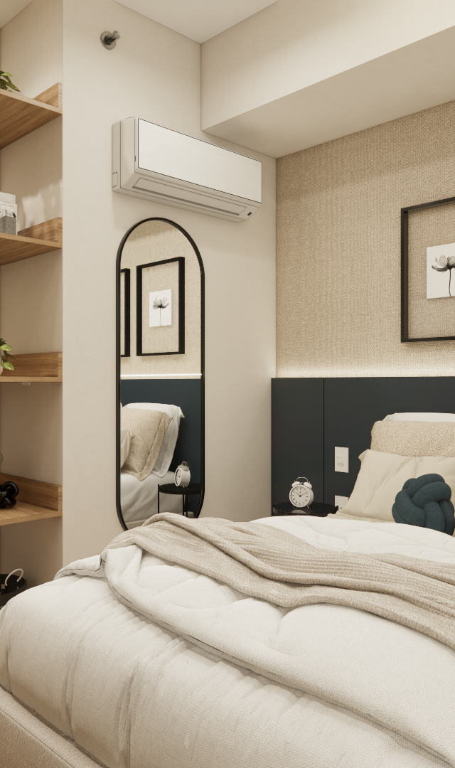 Render 3D de quarto compacto em tons bege e azul com cama, estante em madeira, espelho e iluminação indireta quente