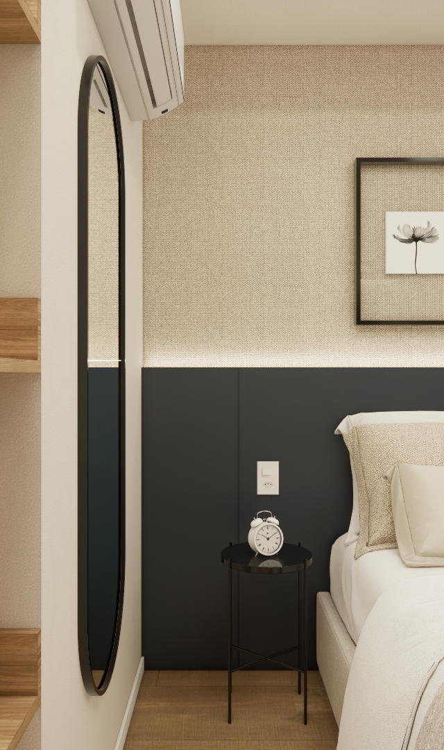 Render 3D de quarto com paleta bege e cinza, painel escuro, cama, estante de madeira, plantas e espelho orgânico alto