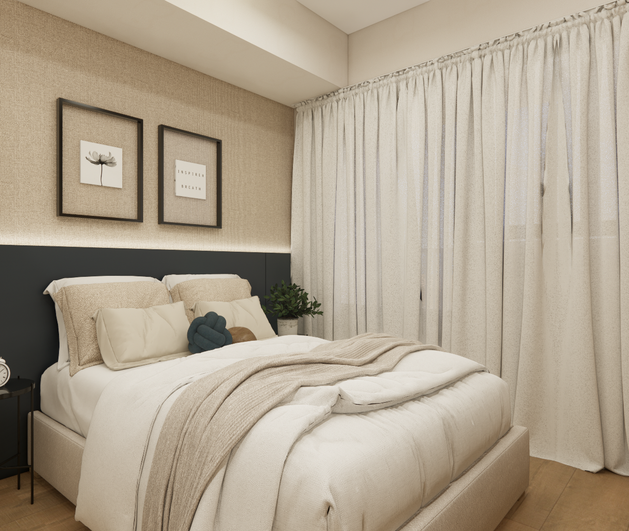 Render 3D de dormitório com cama casal, cabeceira preta, paredes texturizadas, cortina bege e iluminação indireta quente