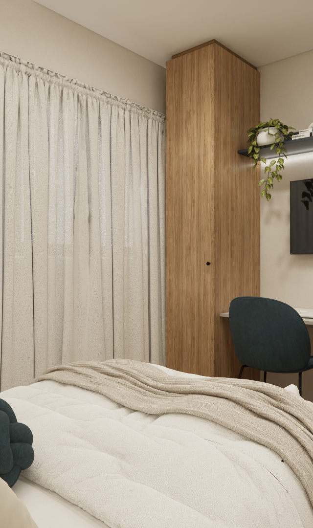 Render 3D de quarto compacto com cama, marcenaria em madeira clara, mesa, cadeiras azuis e iluminação em fita de LED