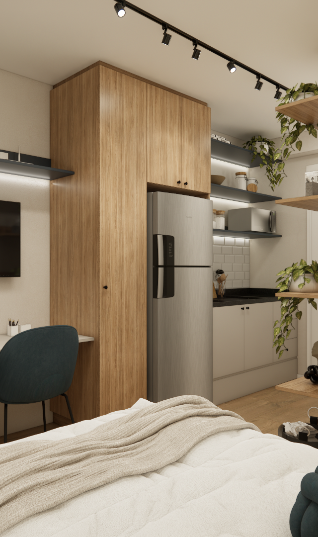 Render 3D de estúdio compacto com marcenaria em madeira, cozinha integrada, bancada de trabalho e espelho oval no quarto