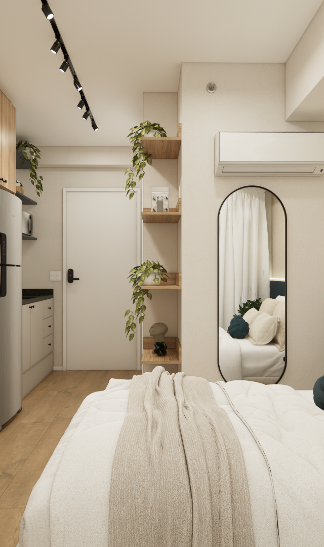 Render 3D de estúdio de 21m² com marcenaria em madeira, cama, mesa de trabalho, espelho e tons neutros e azul escuro