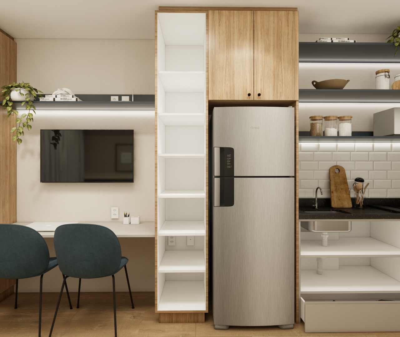 Render 3D de estúdio de 21 m² com marcenaria em madeira clara, cozinha compacta, bancada de trabalho e iluminação em LED