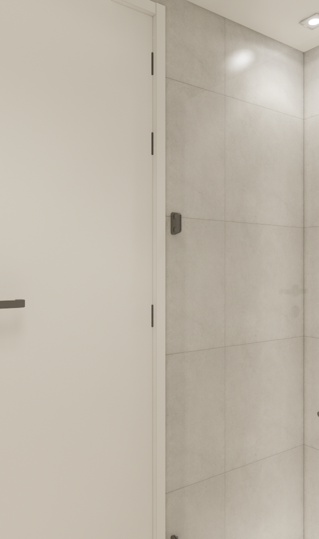 Render 3D de banheiro compacto no Paraíso com revestimentos cinza, porta branca, metais pretos e iluminação embutida