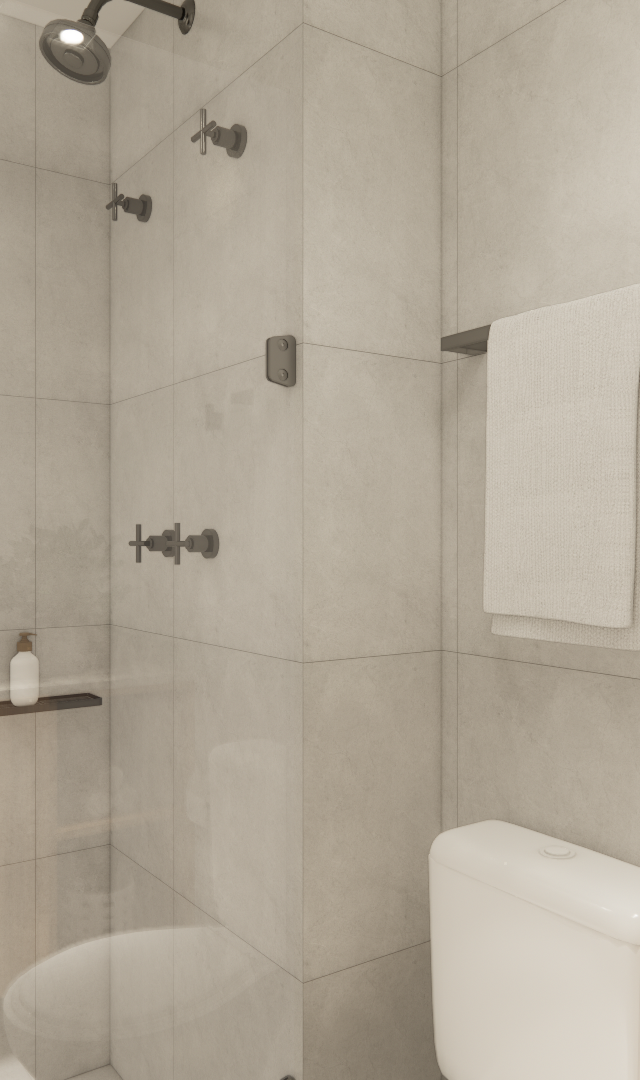 Render 3D de banheiro compacto no Paraíso com revestimento cinza, box de vidro, metais escuros e planta decorativa