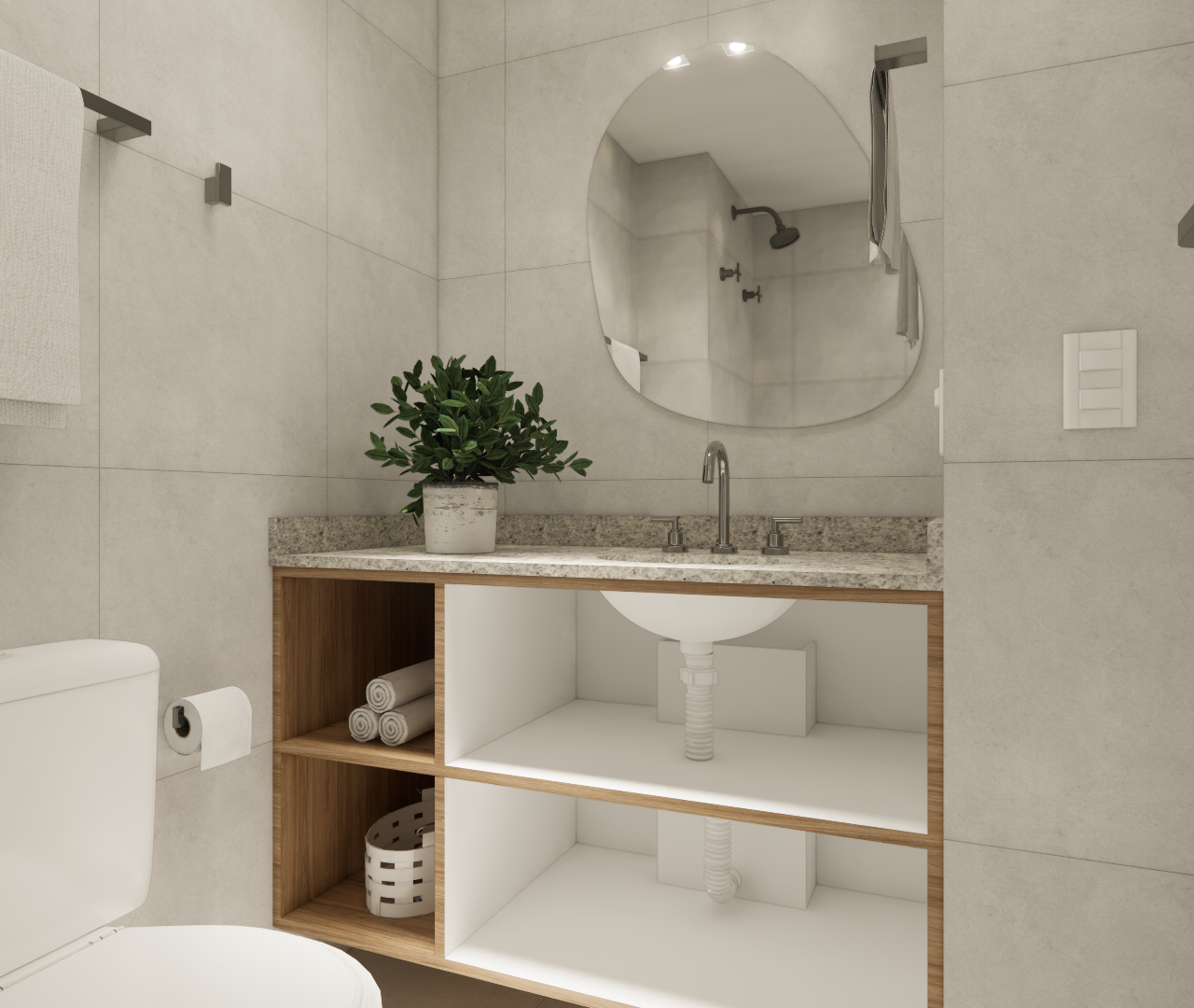 Render 3D de banheiro compacto no Paraíso com revestimento cinza, bancada em pedra, marcenaria em madeira e espelho orgânico