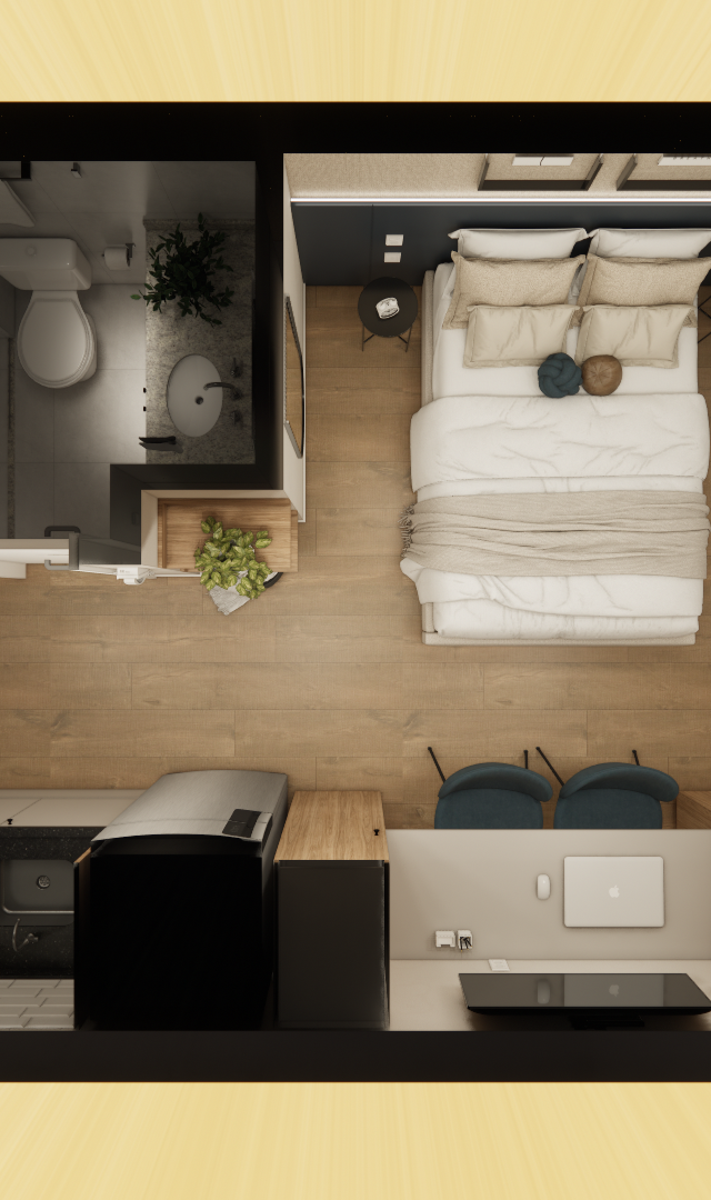 Planta baixa 3D de studio de 21m² com cozinha, mesa, cama de casal e banheiro em tons neutros, madeira e preto