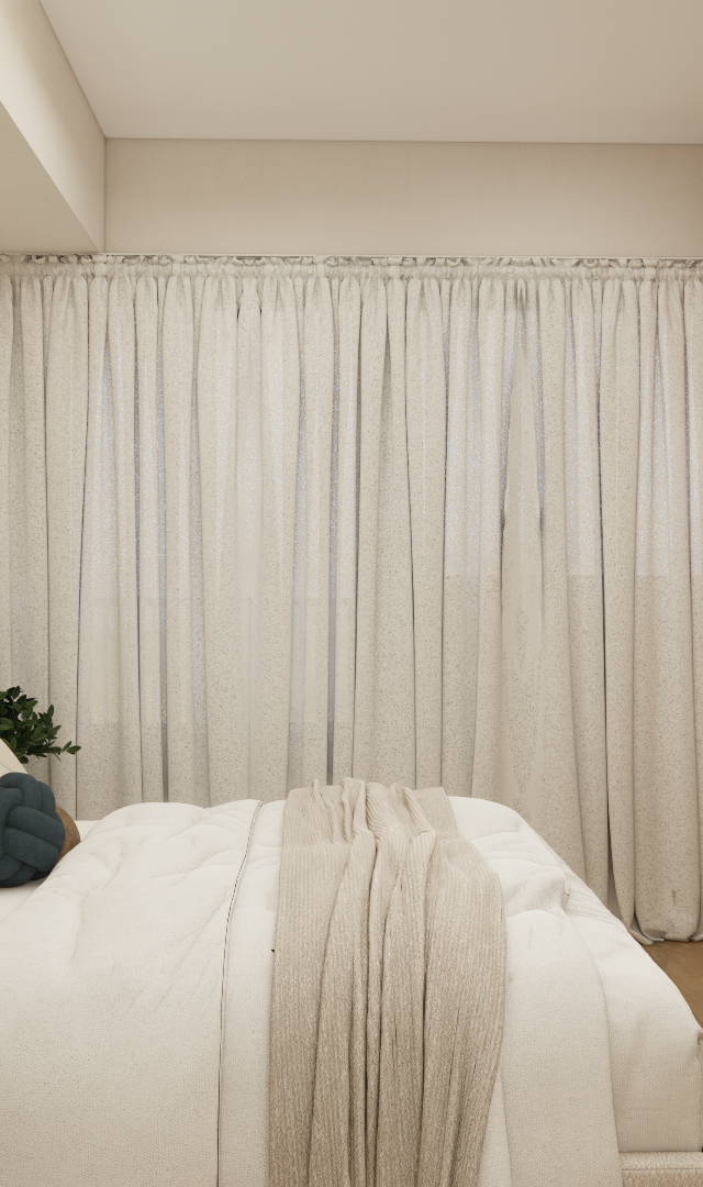 Render 3D de quarto pequeno com cama, armário em madeira, mesa com cadeiras azuis, cortina clara e iluminação indireta