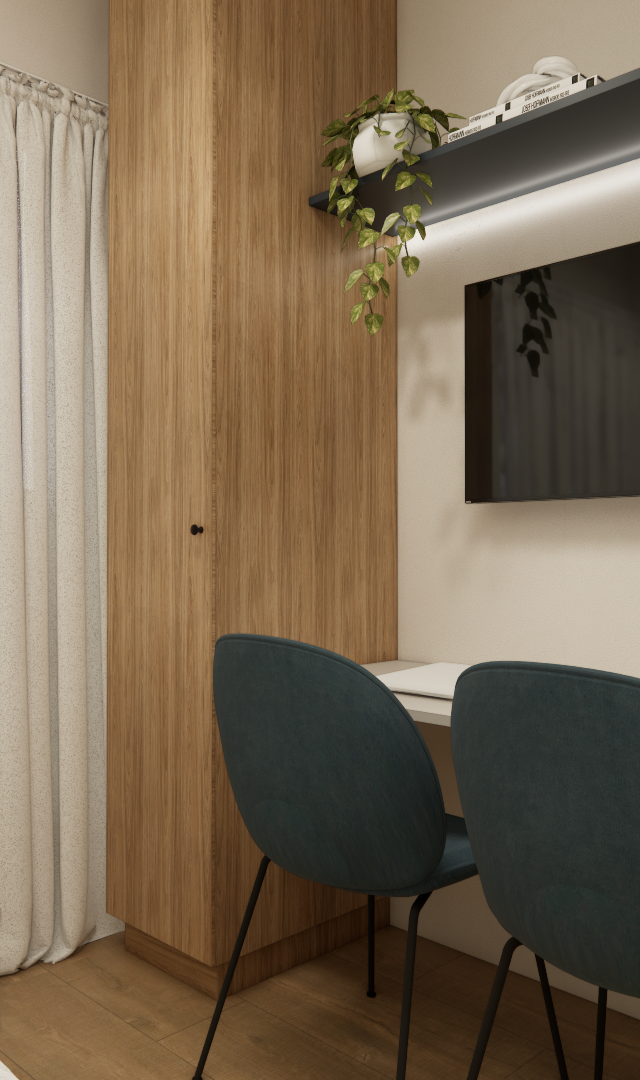 Render 3D de quarto compacto no Paraíso com marcenaria em madeira, bancada, TV, prateleira iluminada e cadeiras azuis