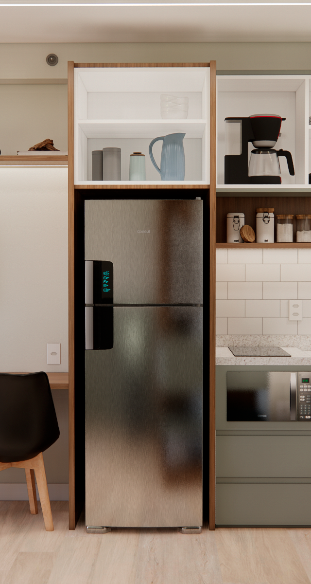 Render 3D de cozinha e home office integrados com marcenaria em tons de madeira e verde, bancada clara e parede off-white