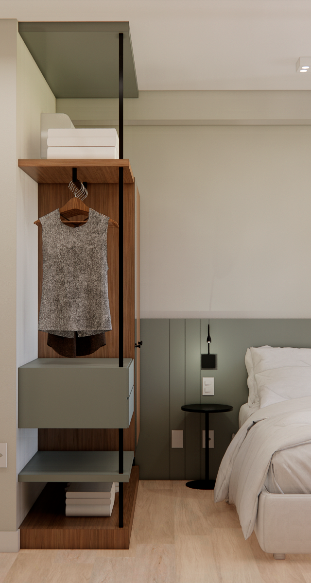 Render 3D de quarto GF - Wonder Ipiranga com tons verdes, cama de casal, marcenaria aberta e piso amadeirado claro