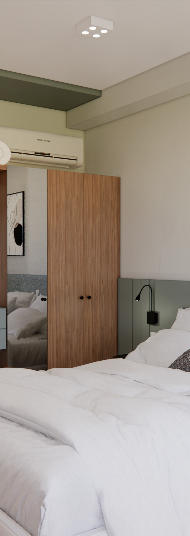 Render 3D quarto casal tons verdes e madeira clara, armário planejado, cama com roupa branca e iluminação indireta