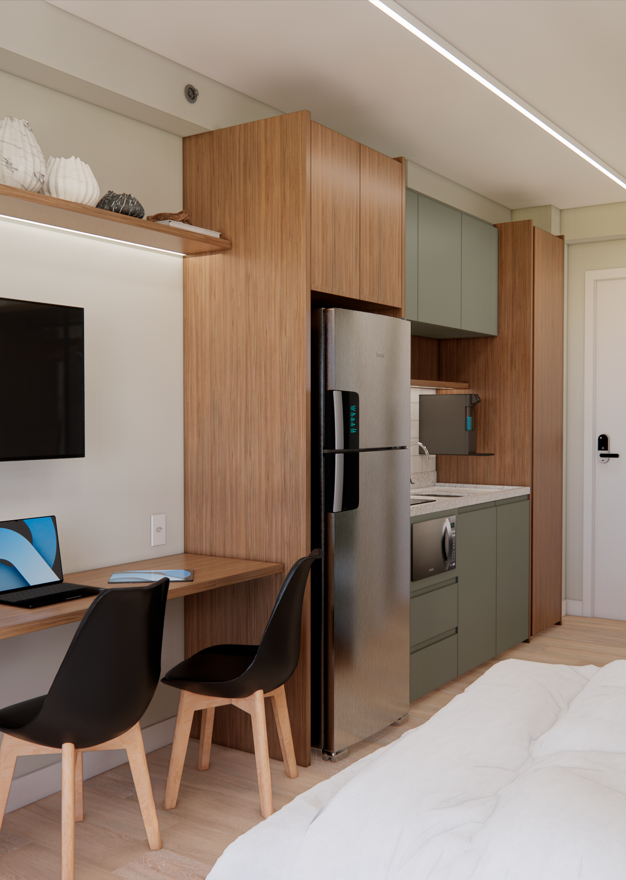 Render 3D de estúdio no Wonder Ipiranga com marcenaria em tons de madeira e verde, mesa de trabalho, cozinha e guarda-roupa