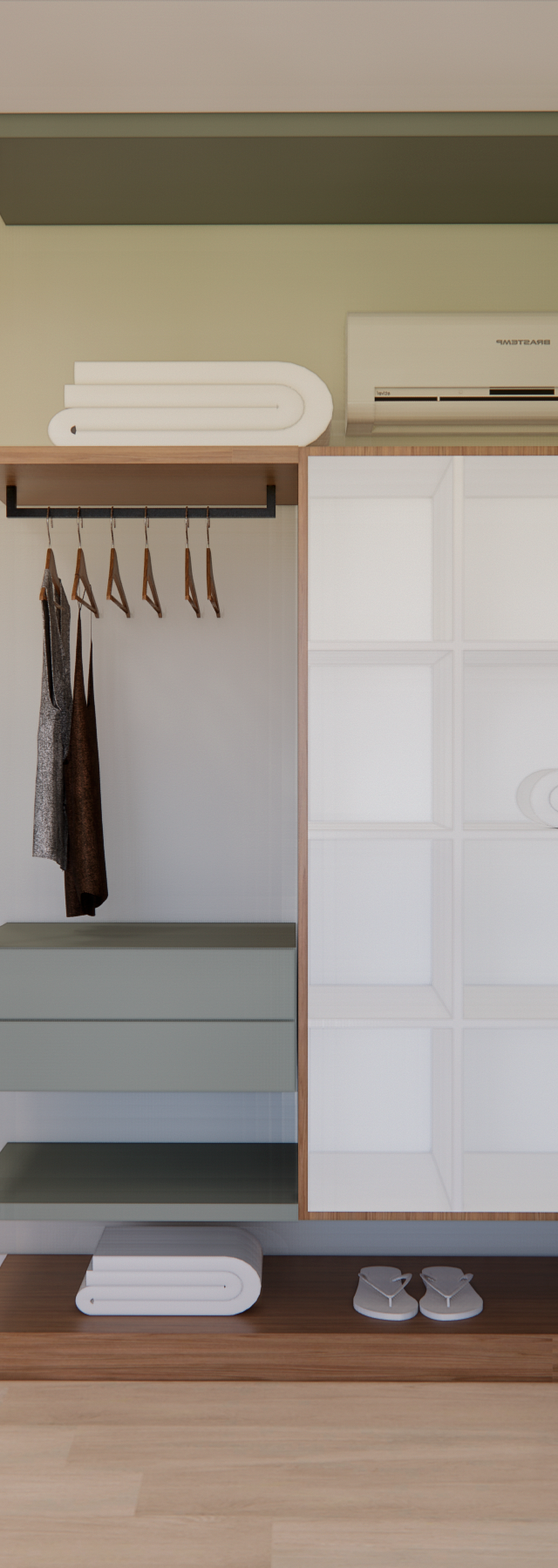 Render 3D de apartamento integrado com cozinha em tons de verde e madeira, armário aberto e marcenaria planejada moderna