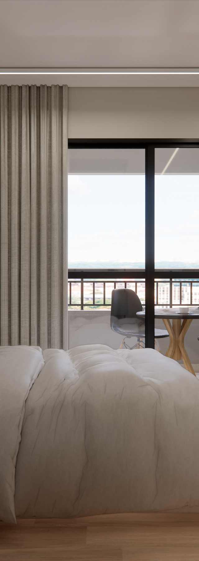 Render 3D de quarto GF - Wonder Ipiranga com tons neutros, marcenaria em madeira, iluminação linear e acesso à varanda